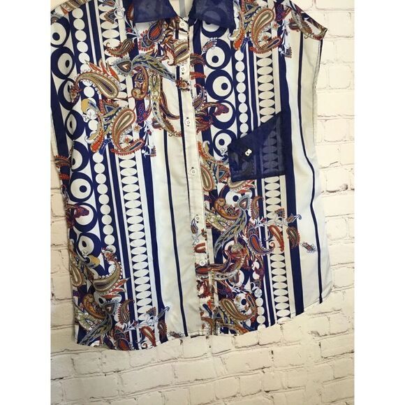 Secret  Women's Large L Top Sleeveless Blouse Collared  Couture Paisley Print - Picture 5 of 9